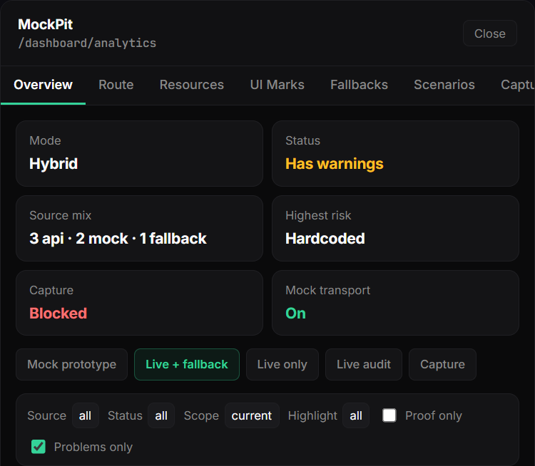 MockPit devtools panel showing mode, route, source mix, capture status, and resource records